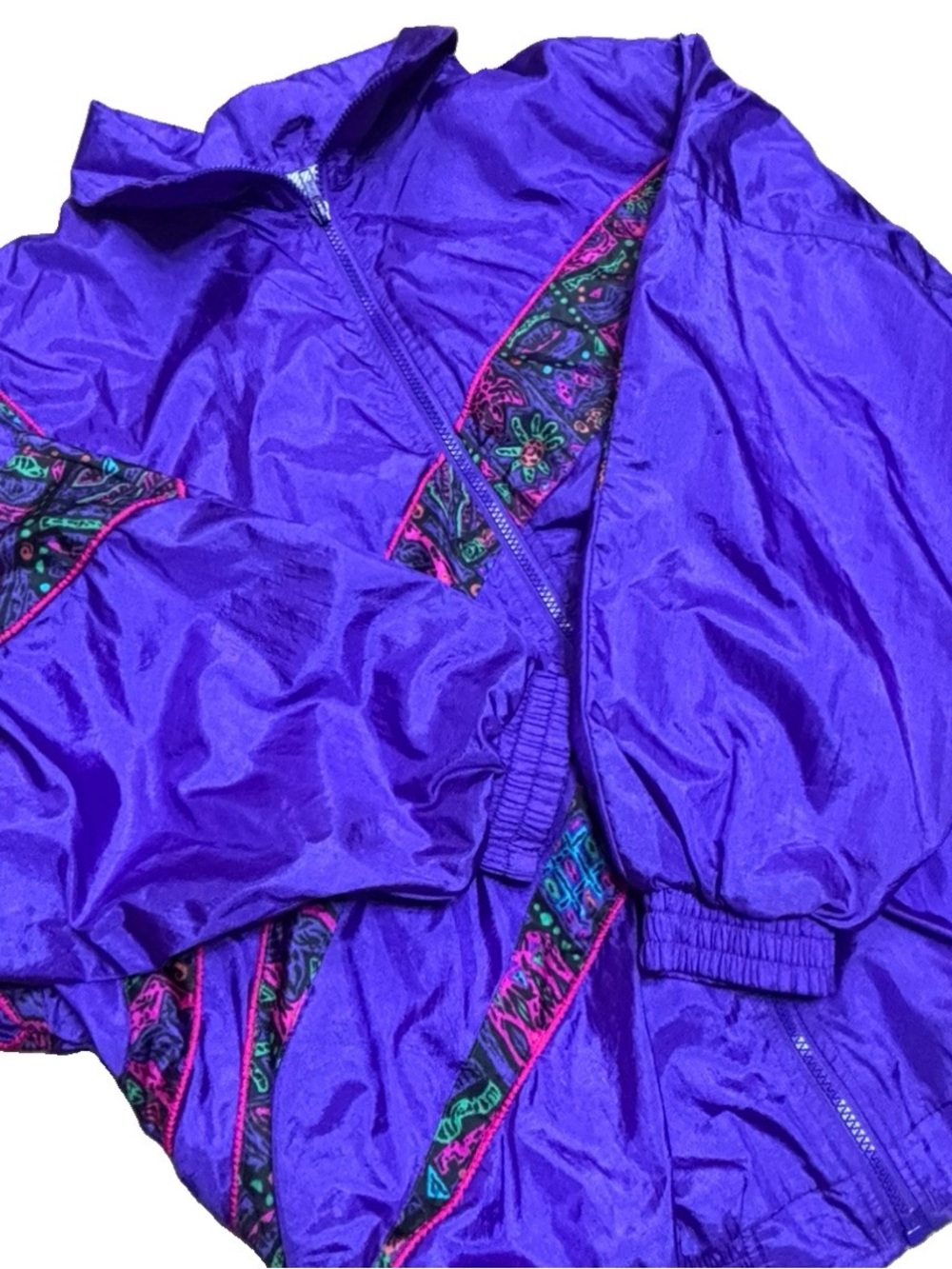 Vibrant Purple Women’s Retro Bomber Jacket with Patterned Panels - Picture 13 of 15